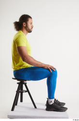 Whole Body Man Black Sports Shirt Muscular Sitting Leggings Studio photo references